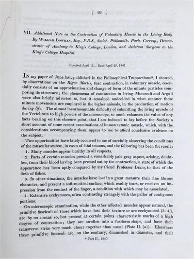 Image for Additional note on the contraction of voluntary muscle in the living body. In: Philosophical Transactions of the Royal Society of London. For the year MDCCCXLI, Part I.